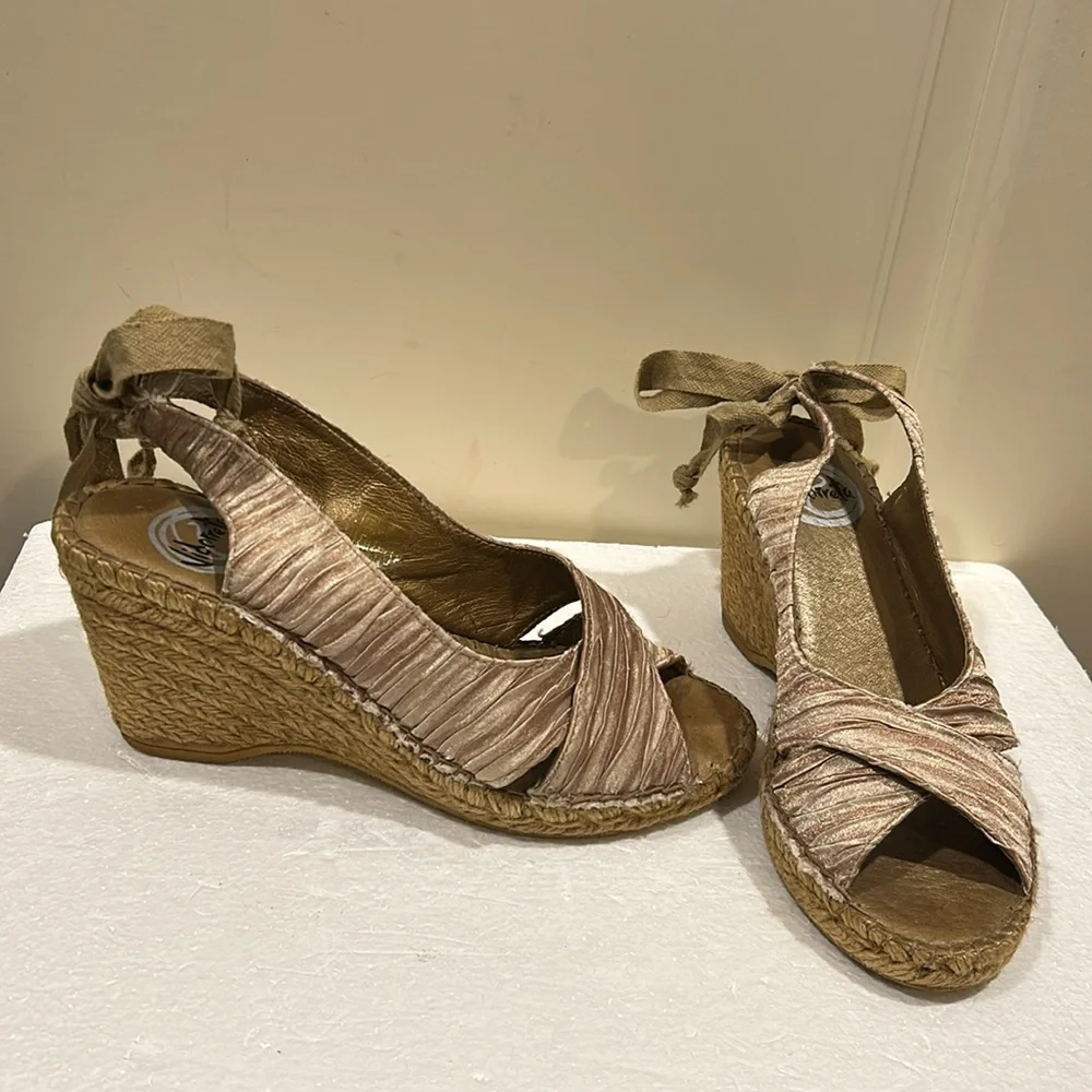Vidorreta Espadrille Wedge Sandals open toe sling back faux tie satiny pleat 38